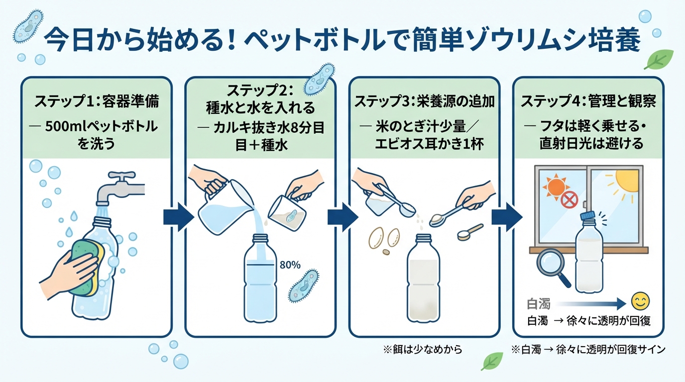 ゾウリムシの培養方法!ペットボトルでメダカの稚魚の餌を増やすのインフォグラフィック1