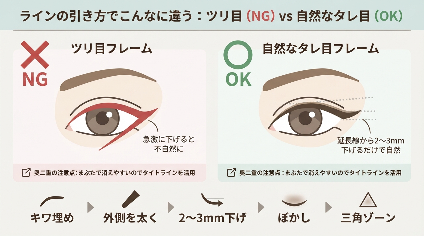 タレ目メイクのやり方!自然に優しい印象を作る5分手順のインフォグラフィック1