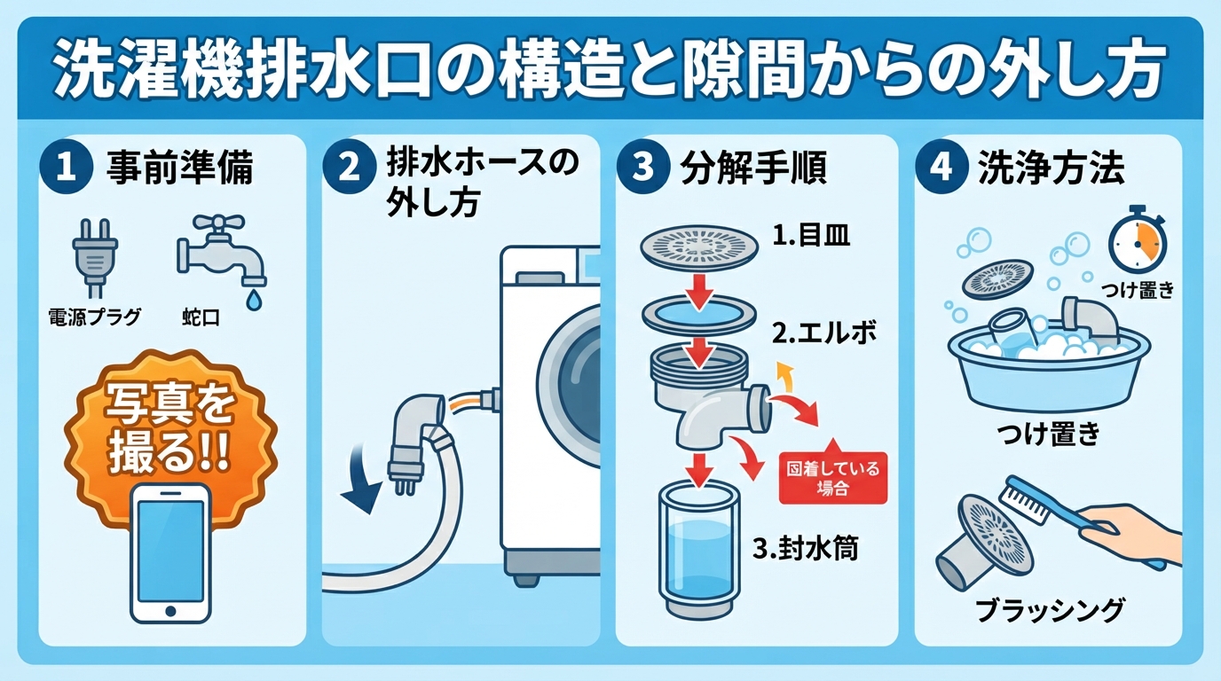 洗濯機 排水口 掃除｜洗濯機排水口の掃除方法！重い本体を動かさずのインフォグラフィック1