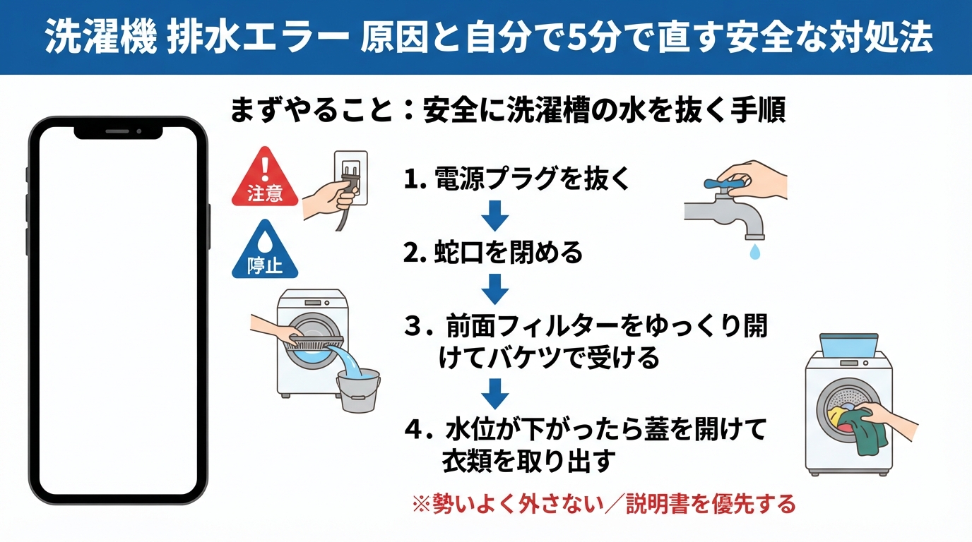 洗濯機 排水エラー 原因と自分で5分で直す安全な対処法のインフォグラフィック1