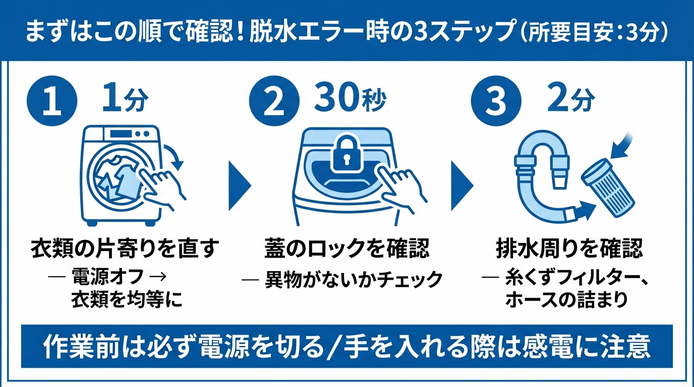洗濯機 脱水できない｜洗濯機が脱水できない？エラー時の3分でできのインフォグラフィック1