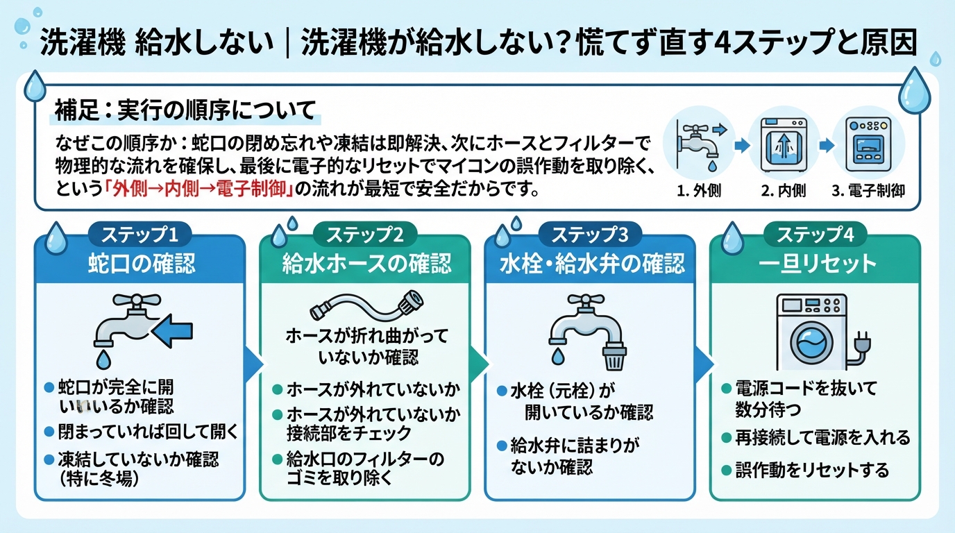 洗濯機 給水しない｜洗濯機が給水しない？慌てず直す4ステップと故のインフォグラフィック1
