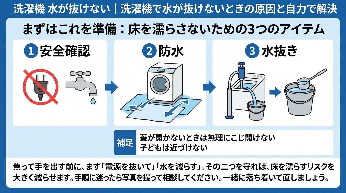 洗濯機 水が抜けない｜洗濯機で水が抜けないときの原因と自力で解決のインフォグラフィック1