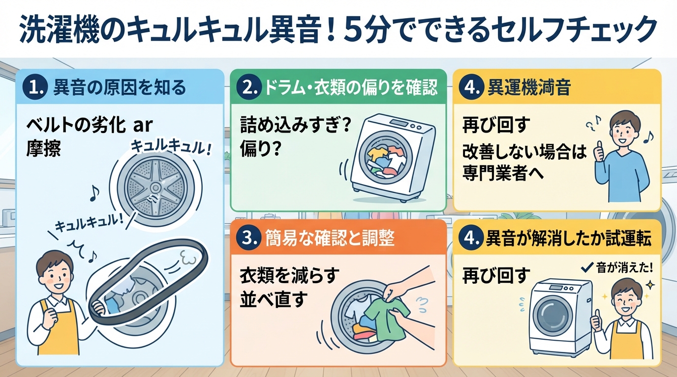 洗濯機 異音 キュルキュル｜洗濯機のキュルキュル異音！5分でできのインフォグラフィック1