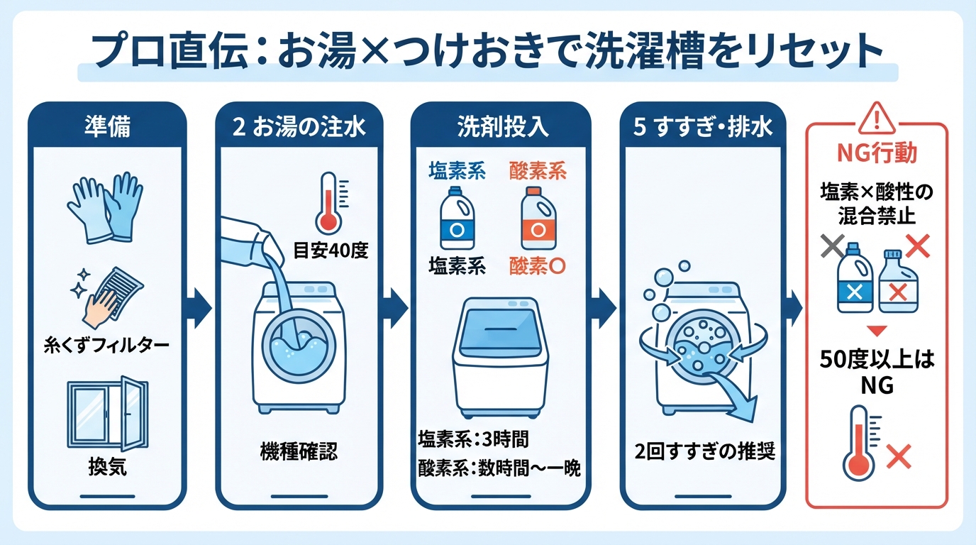 洗濯機 カビ臭い|洗濯機がカビ臭い原因と対策!お湯×つけおき掃除のインフォグラフィック1
