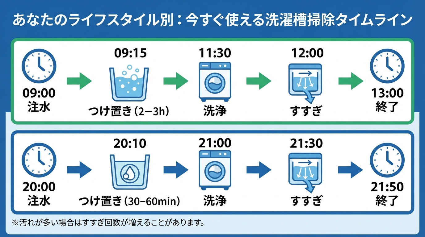 洗濯槽 掃除 何時間｜洗濯槽掃除は何時間かかる？洗剤別の目安と終のインフォグラフィック1
