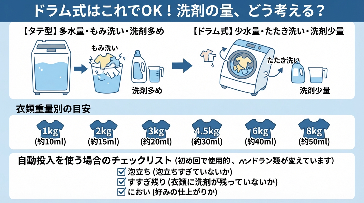 ドラム式洗濯機 洗剤量｜ドラム式洗濯機の洗剤量が少ない理由と正しのインフォグラフィック1