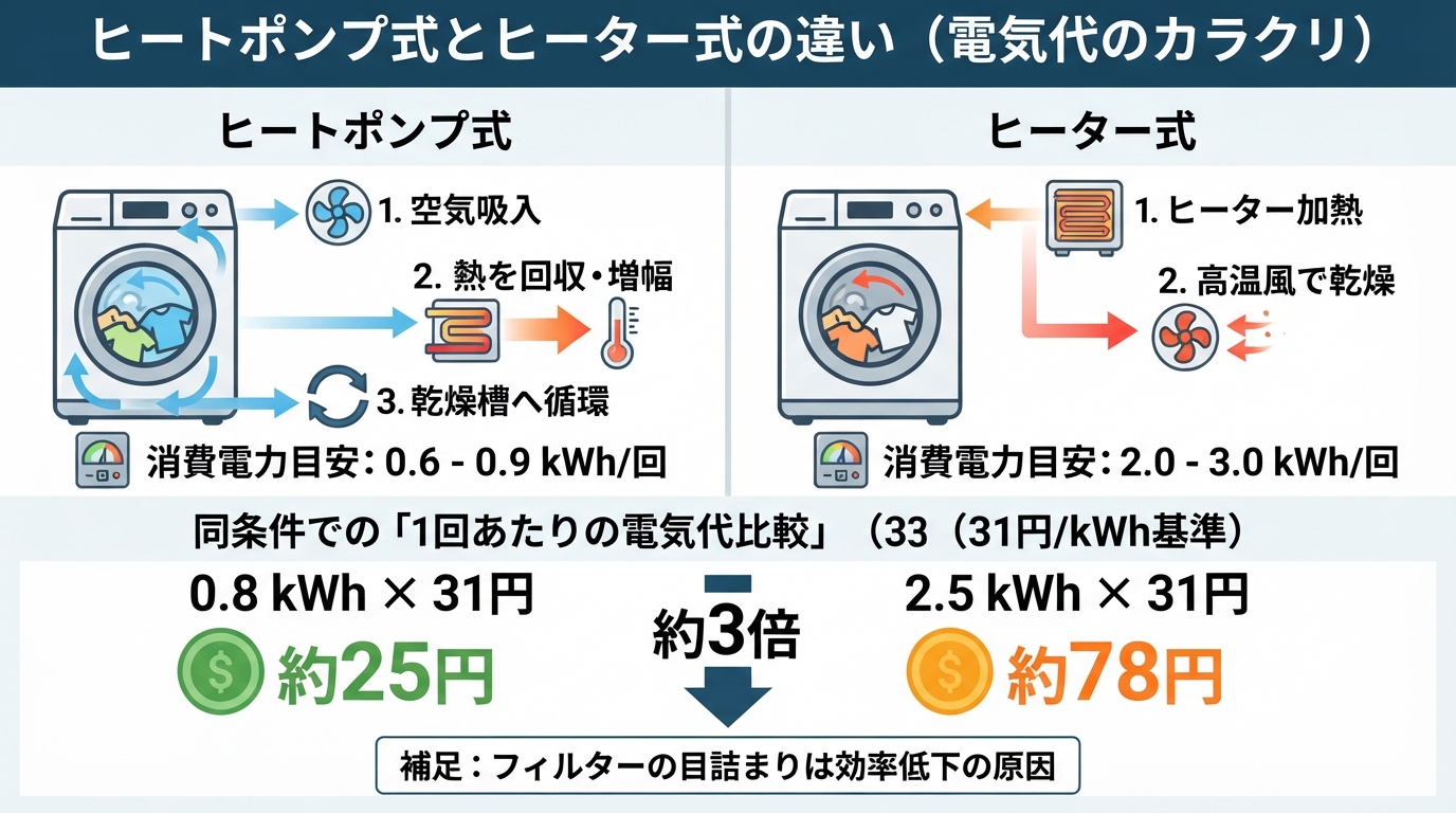 洗濯機 乾燥 電気代|洗濯機 乾燥の電気代はいくら?方式別の目安のインフォグラフィック1
