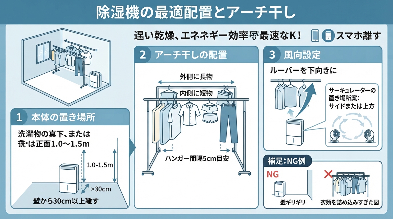 衣類乾燥除湿機 使い方!最速で乾かすコツと電気代節約術のインフォグラフィック1