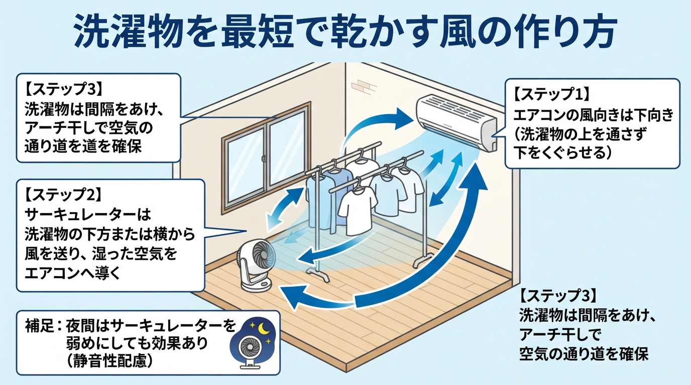 部屋干し エアコン 設定｜部屋干しはエアコン設定で決まる！今夜すのインフォグラフィック1