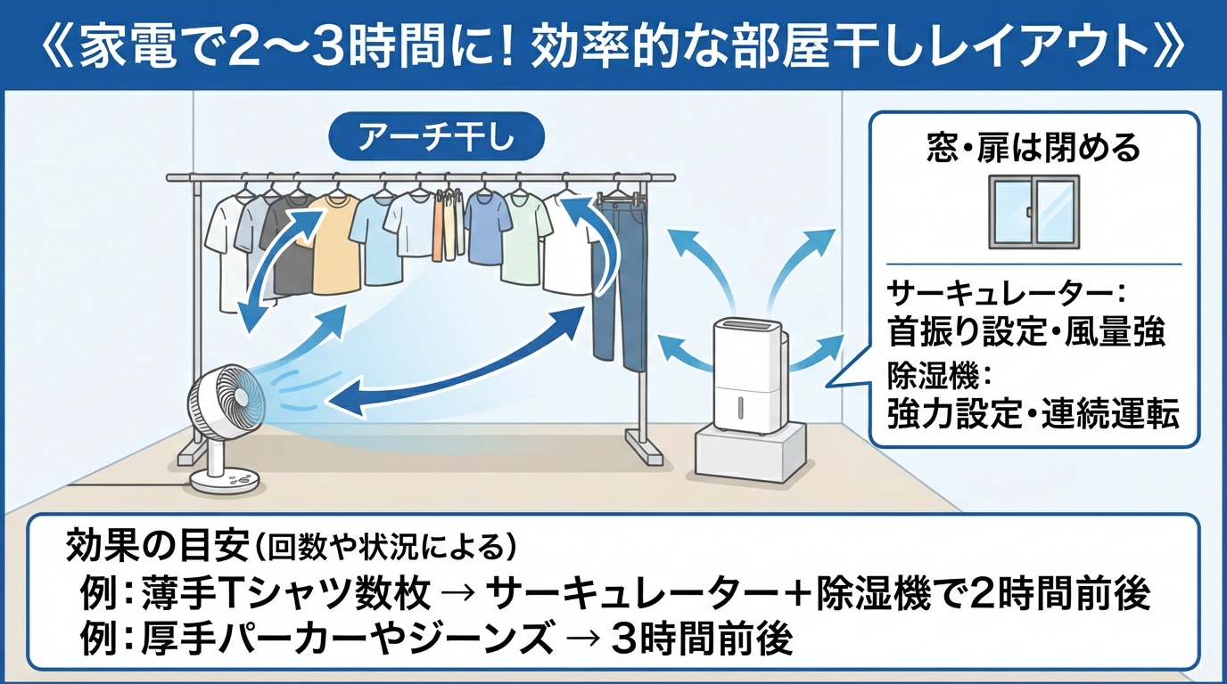 部屋干し 何時間｜部屋干しは何時間で乾く？季節別の目安と朝までにのインフォグラフィック1