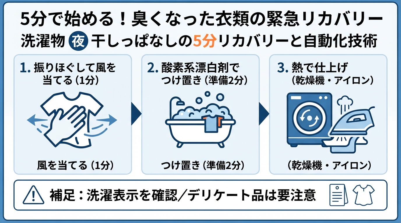 洗濯物 夜 干しっぱなしの5分リカバリーと自動化技術のインフォグラフィック1