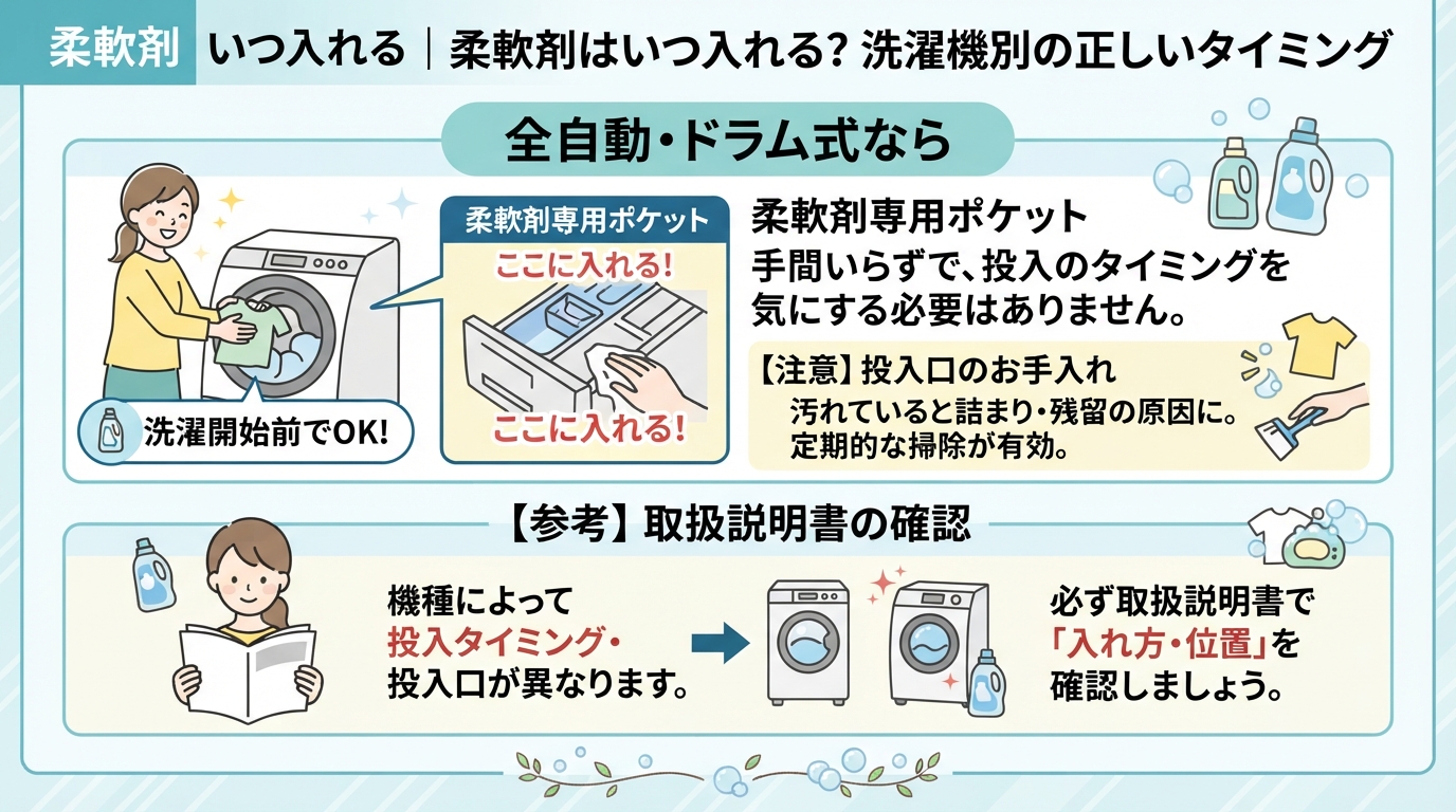 柔軟剤 いつ入れる｜柔軟剤はいつ入れる？洗濯機別の正しいタイミンのインフォグラフィック1