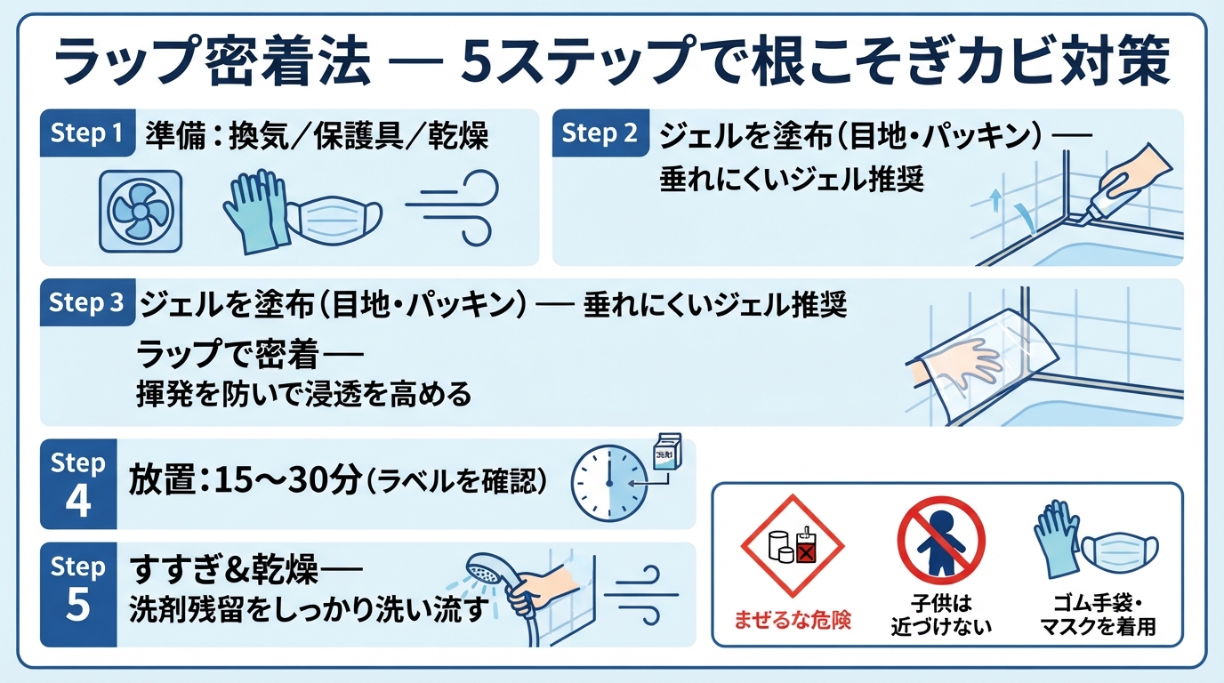 浴室のカビ掃除の基本手順を示す図解