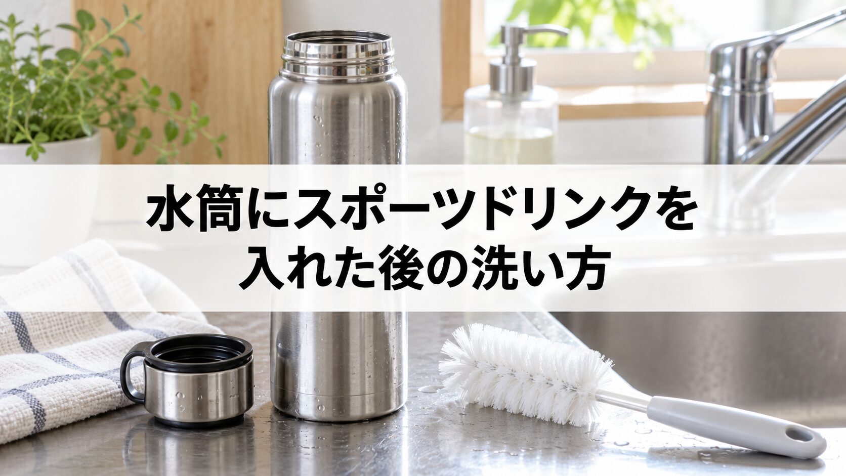 水筒にスポーツドリンクを入れた後の洗い方を説明するイメージ画像（生成画像）