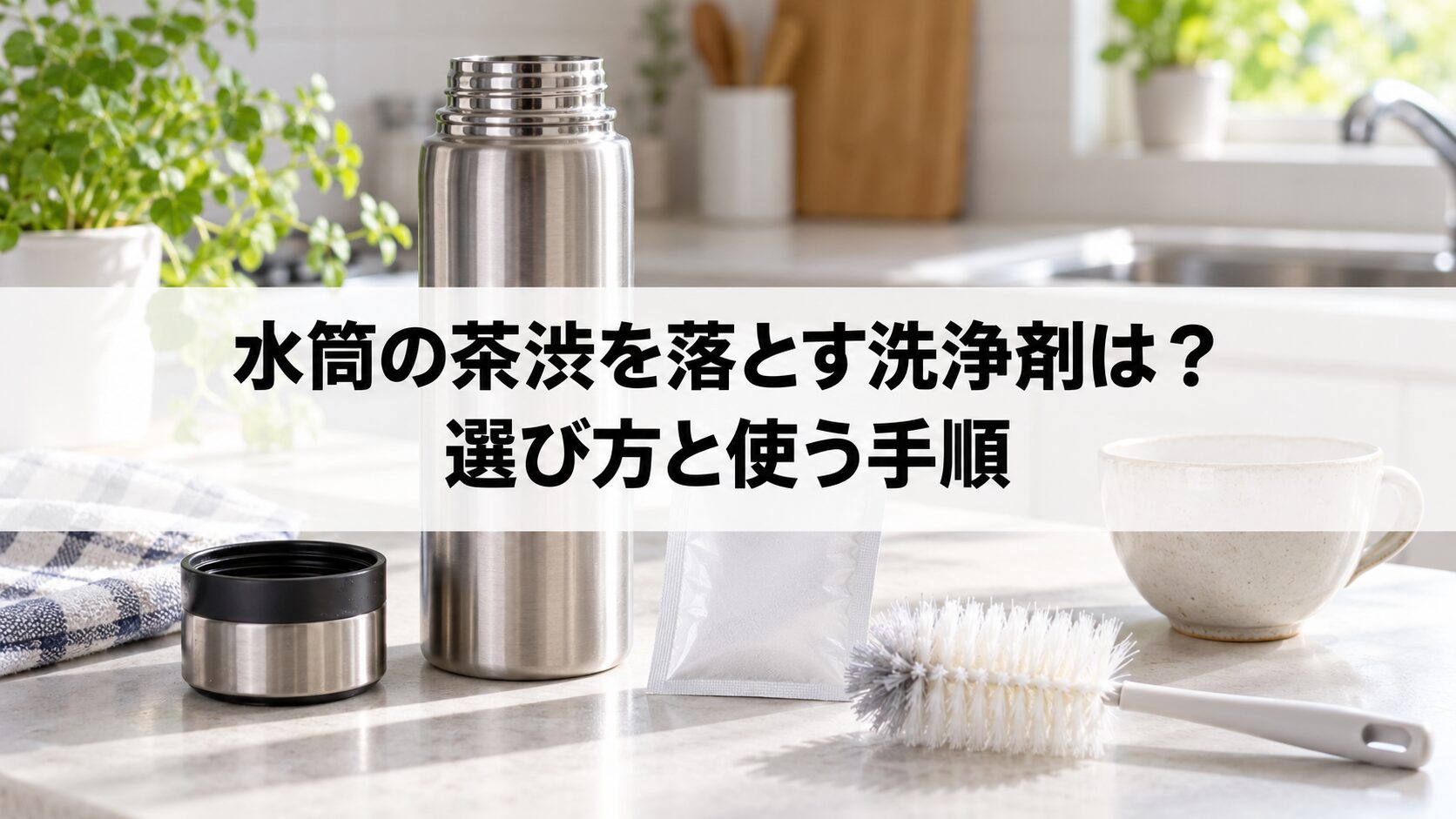 水筒の茶渋を落とす洗浄剤はを説明するイメージ画像（生成画像）