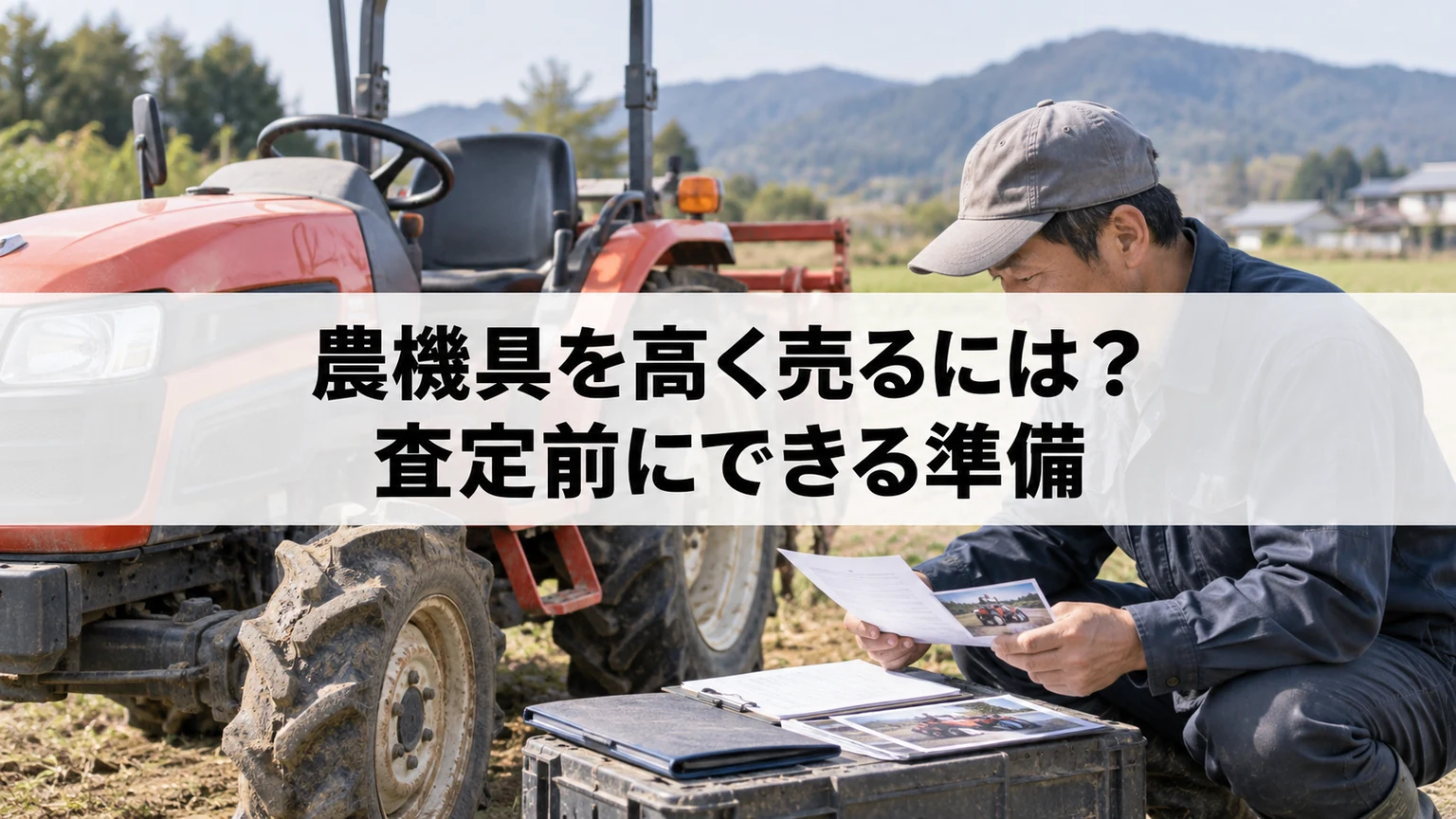 査定前に農機具の写真と書類を確認する人のイメージ