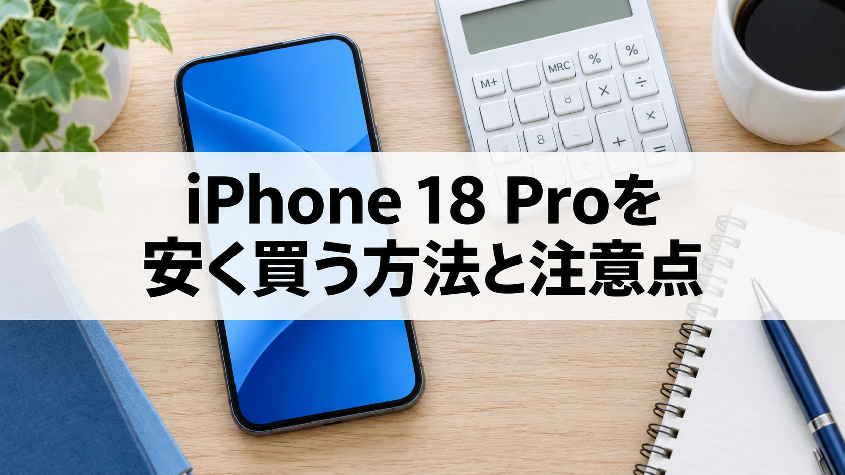 スマートフォンと電卓を並べ、iPhone 18 Proの購入費用を比較するイメージ