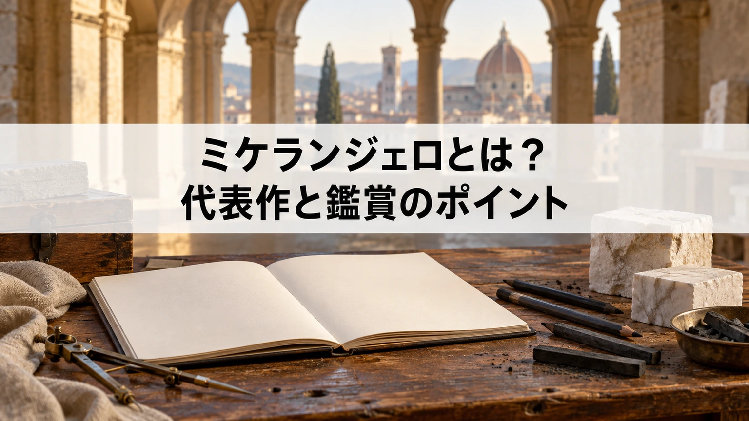 ミケランジェロの芸術を学ぶ素描道具と建築のイメージ