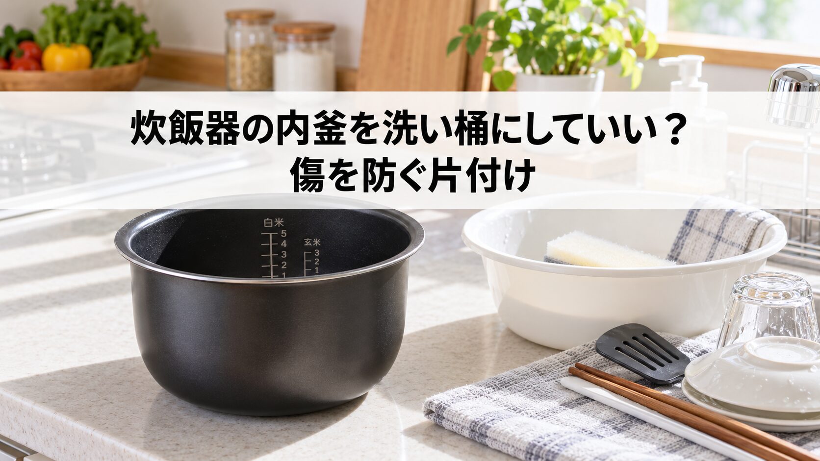 炊飯器の内釜を洗い桶にしていいを説明するイメージ画像（生成画像）