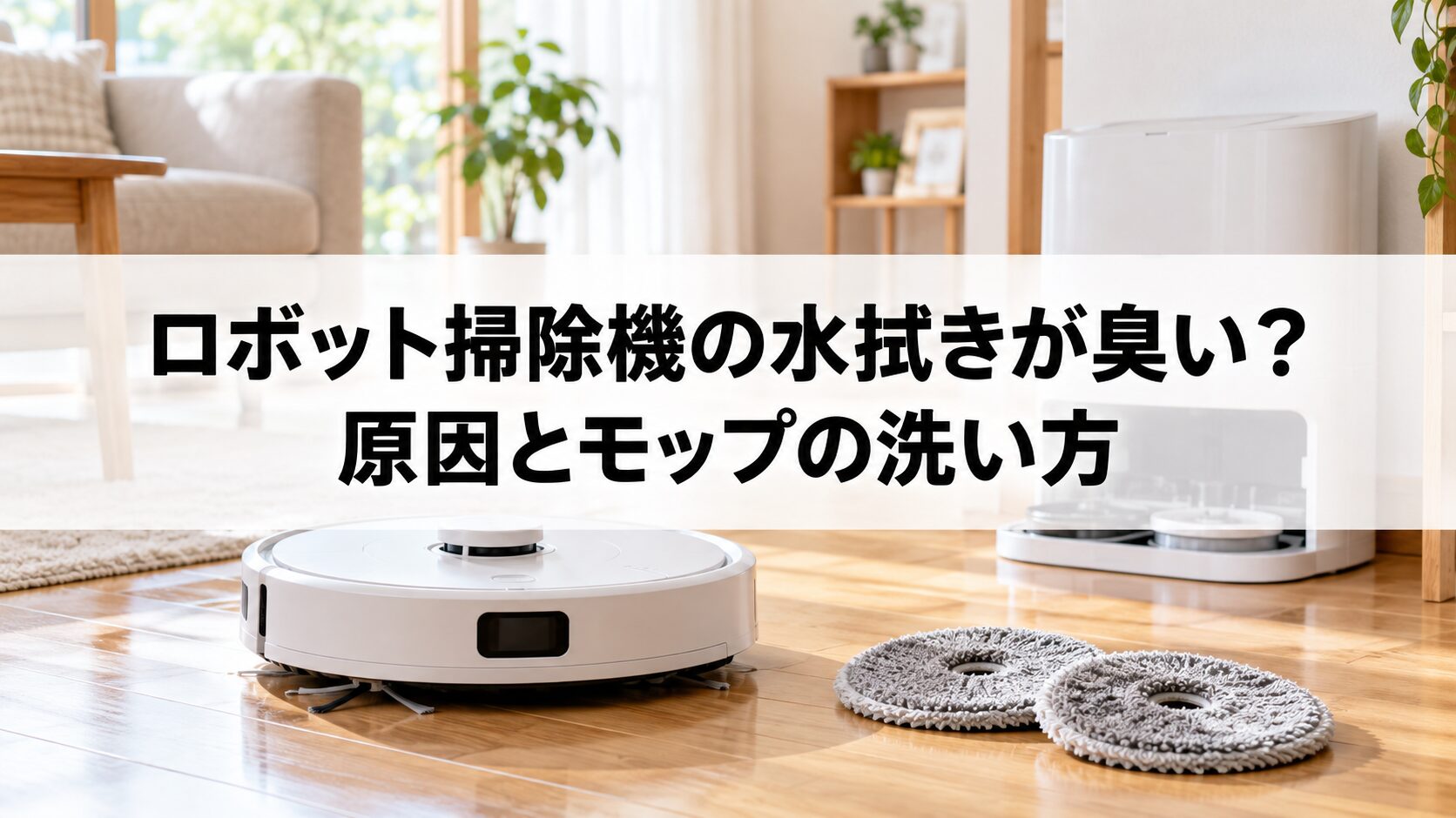 ロボット掃除機と取り外したモップを示す手入れのイメージ