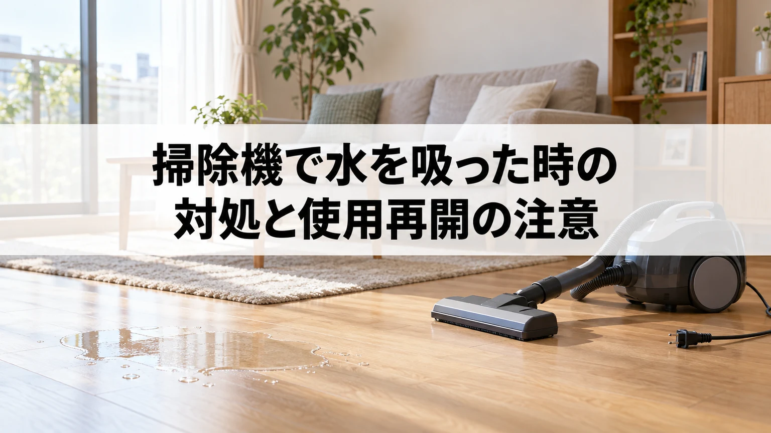 掃除機で水を吸った時の対処と使用再開の注意を説明する掃除機のイメージ