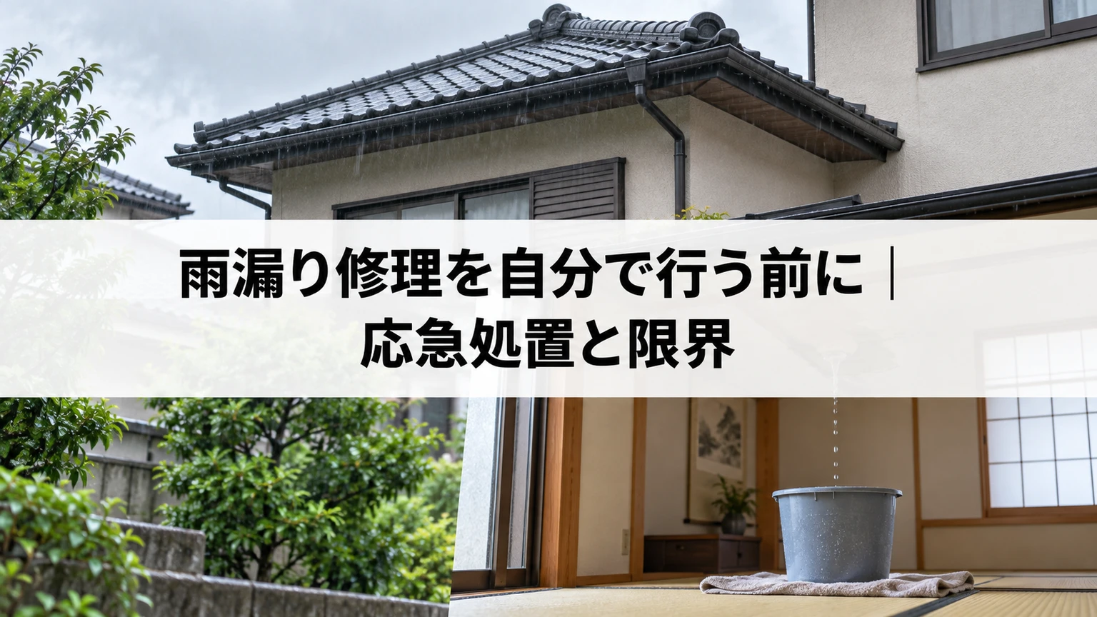 雨漏り修理を自分で行う前に｜応急処置と限界を説明する住まいと雨漏り対応のイメージ（AI生成）
