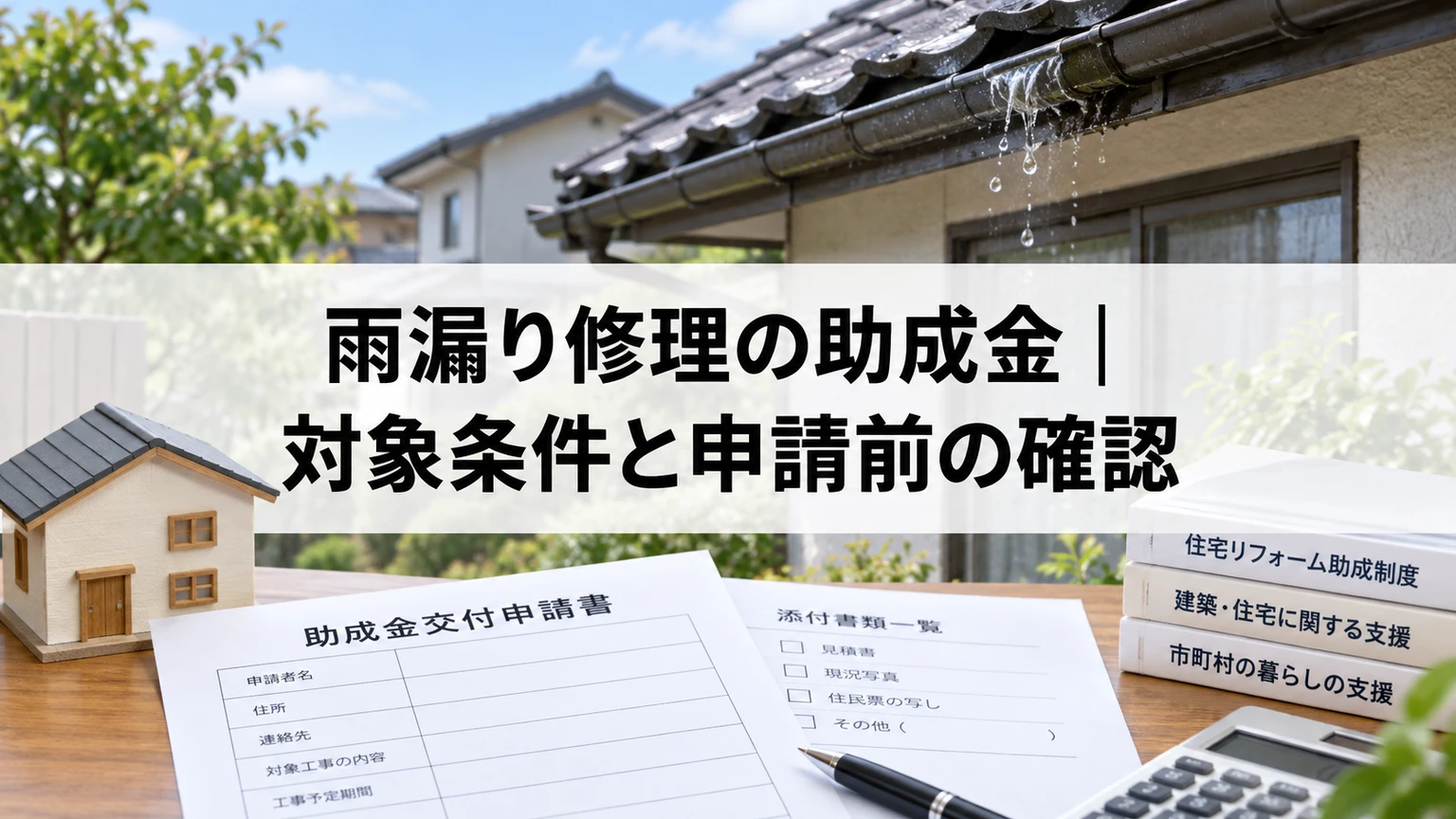 雨漏り修理の助成金｜対象条件と申請前の確認を説明する住まいと雨漏り対応のイメージ（AI生成）