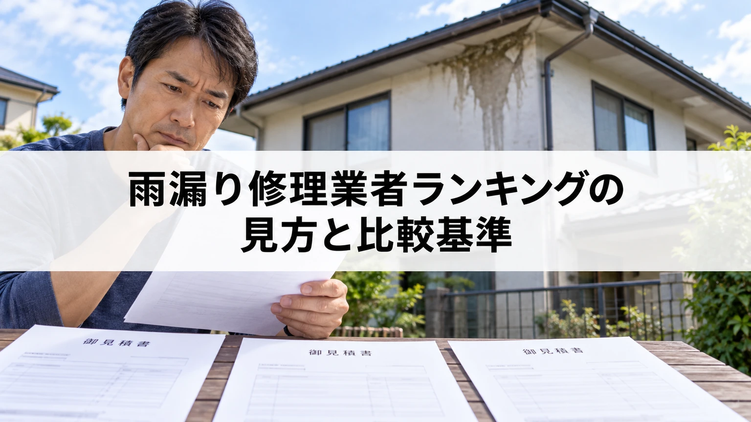 雨漏り修理業者ランキングの見方と比較基準を説明する住まいと雨漏り対応のイメージ（AI生成）
