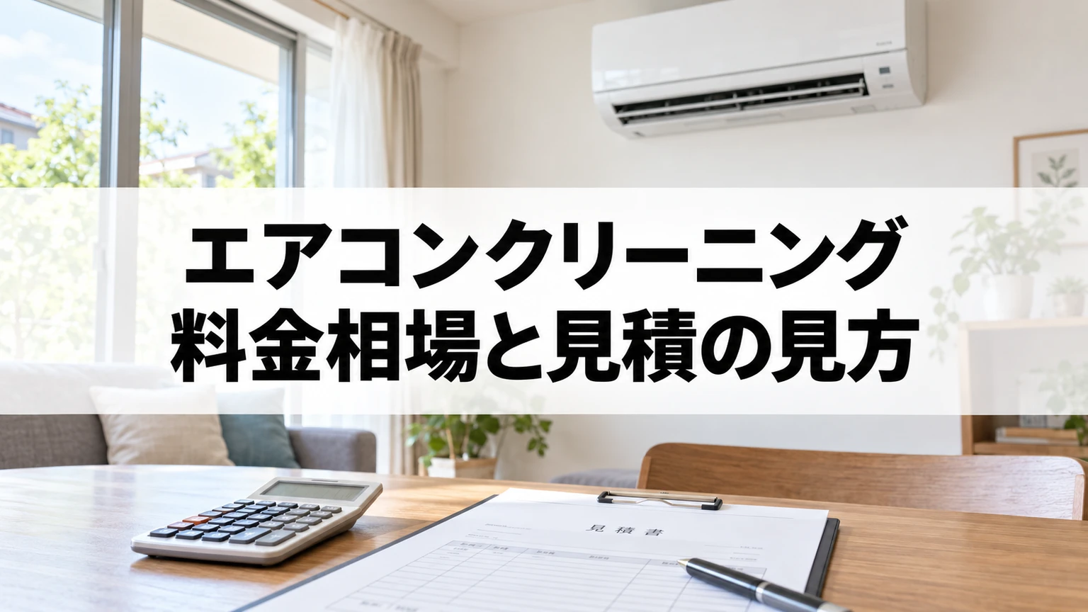 壁掛けエアコンの前で電卓と見積書を使って清掃料金を確認するイメージ