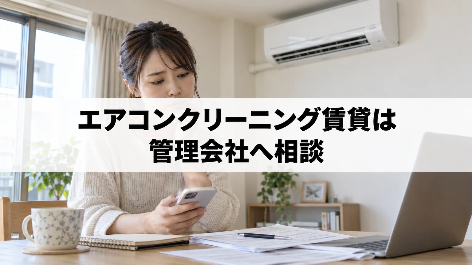 賃貸住宅のエアコン清掃について書類を見ながら管理会社へ相談するイメージ