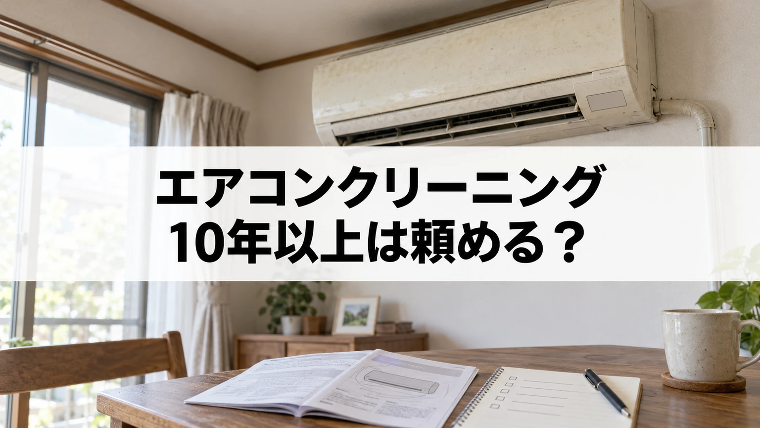 経年した壁掛けエアコンと説明書を使って清掃の対応条件を確認するイメージ