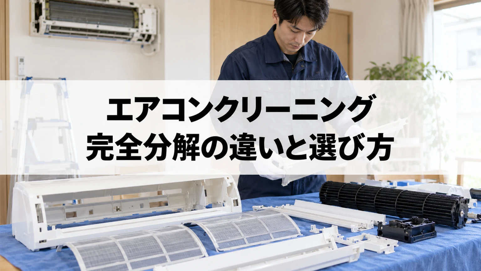 専門スタッフがエアコンの外したパネルや送風ファンを作業台で確認するイメージ