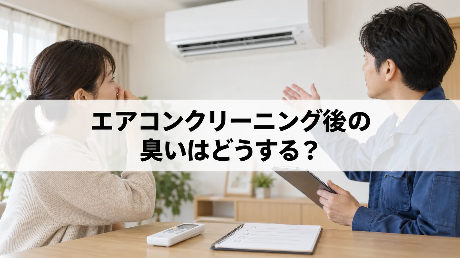 清掃後のエアコンの臭いについて担当スタッフへ相談するイメージ
