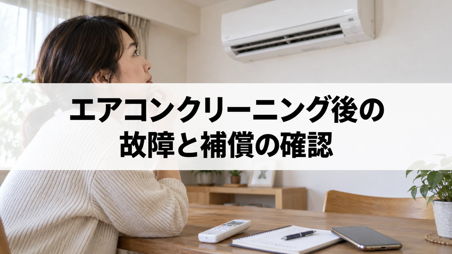 清掃後のエアコンの不具合についてリモコンと作業記録を確認するイメージ