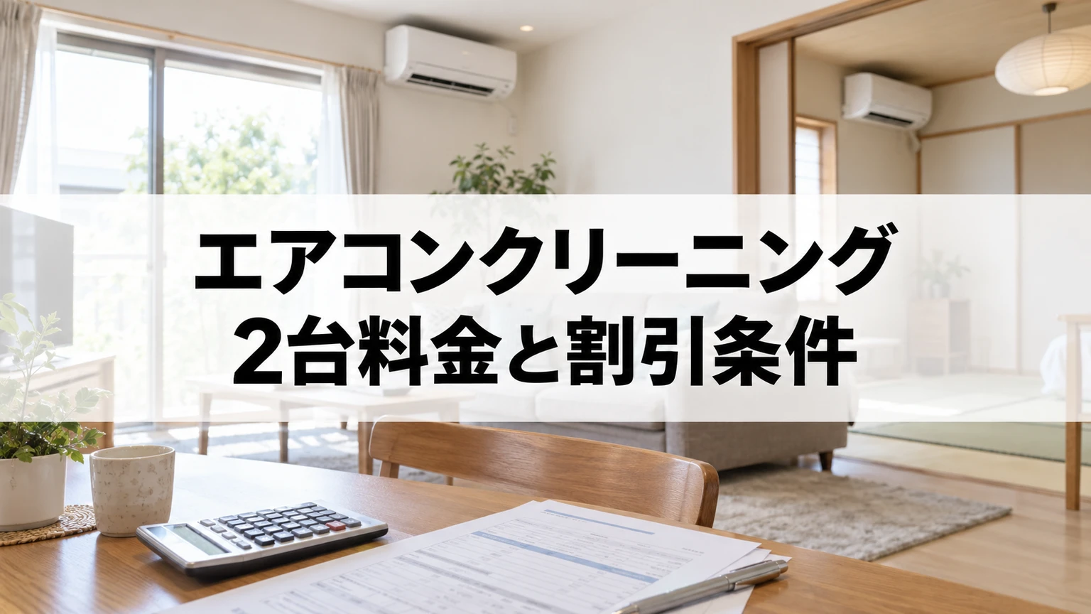 居間と隣室にある2台のエアコンの清掃料金を見積書と電卓で確認するイメージ