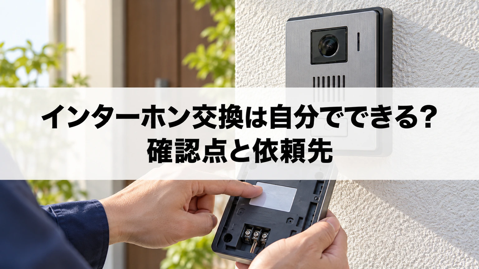 住宅の壁に設置されたインターホンと型番を確認する手元