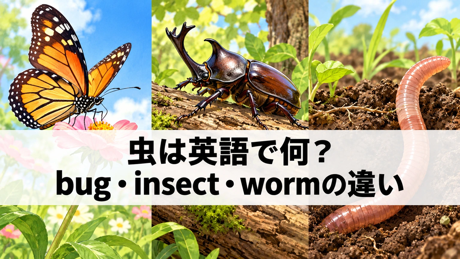 チョウ・カブトムシ・ミミズを並べた英語学習のイメージ