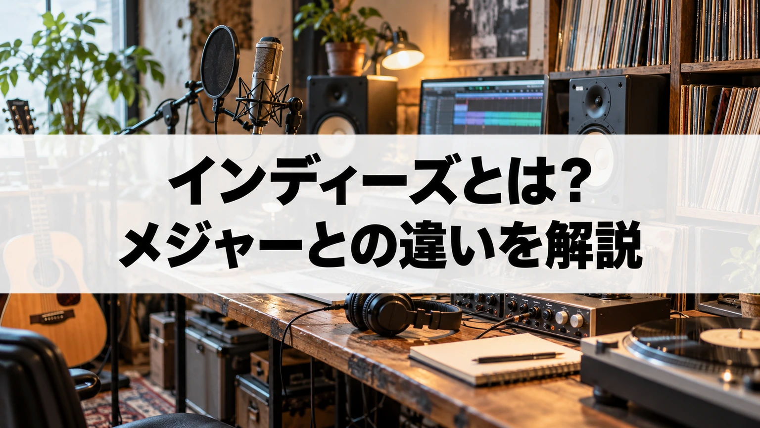 録音機材とレコードを置いた自主制作の音楽スタジオ
