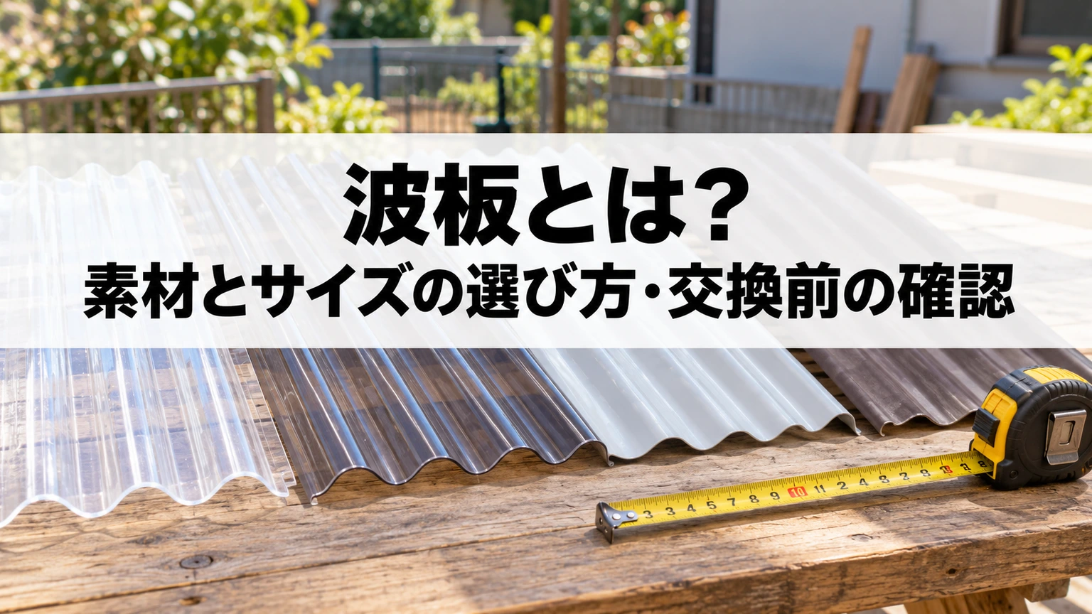素材の異なる波形の板材と寸法を測る道具