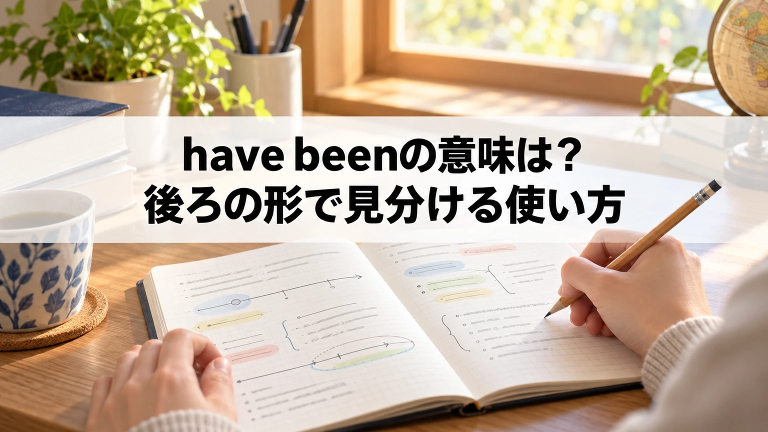 have beenの後に続く形を例文で分類して学ぶ英語学習のイメージ