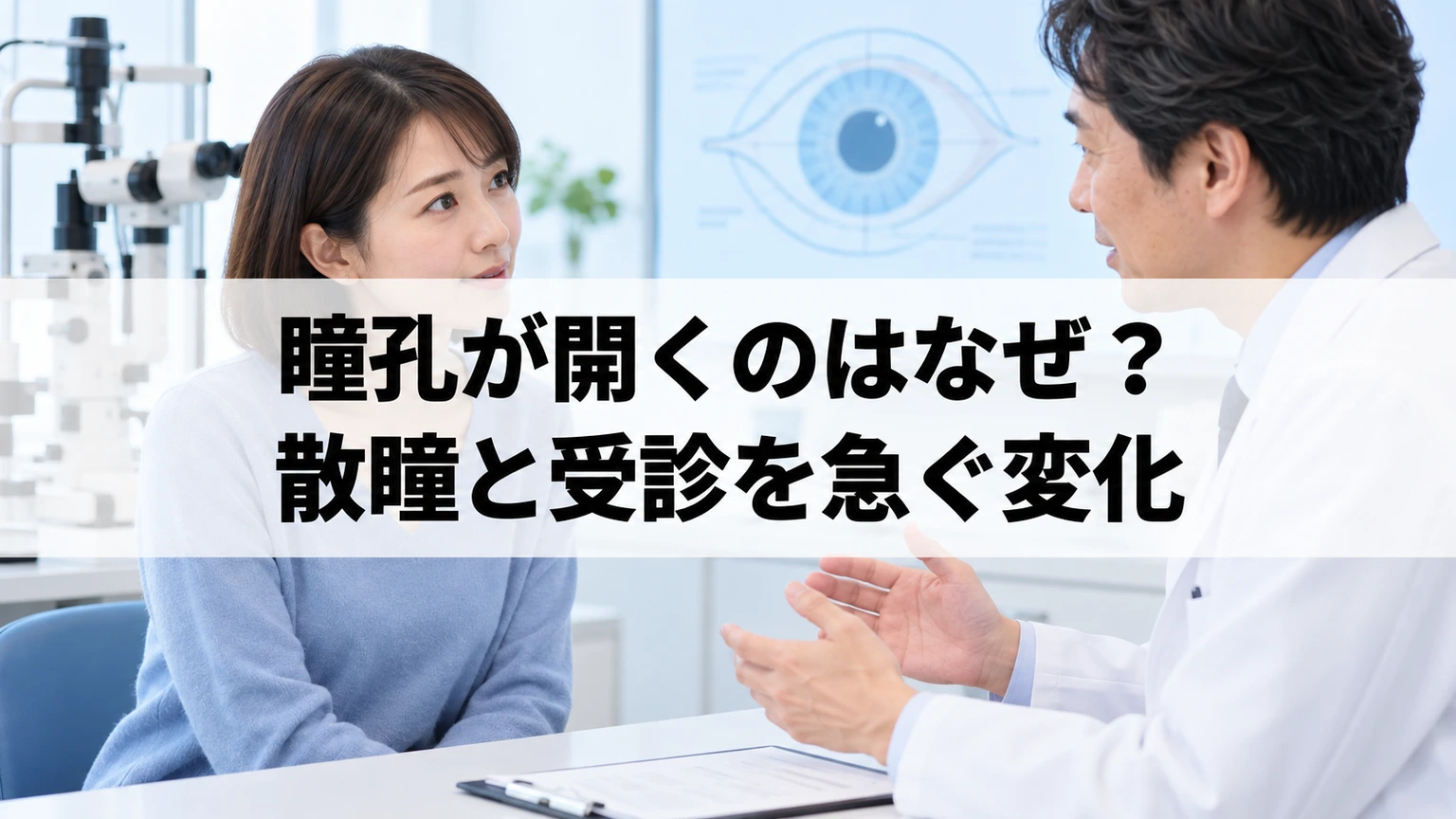 瞳孔の光による変化と眼科の散瞳検査について説明するイメージ
