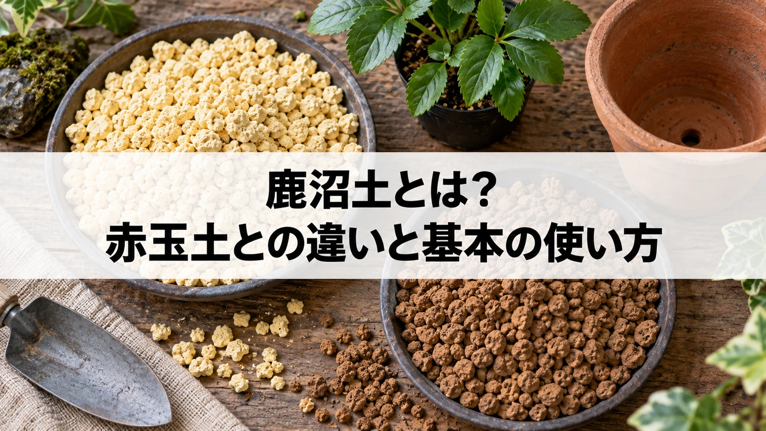 鹿沼土と赤玉土、植え替え用の鉢を並べたイメージ