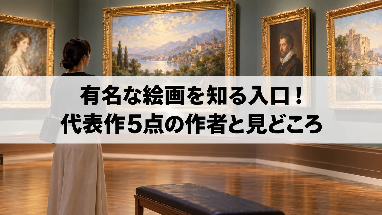 異なる人物画や風景画を楽しむために美術館の展示室を巡るイメージ