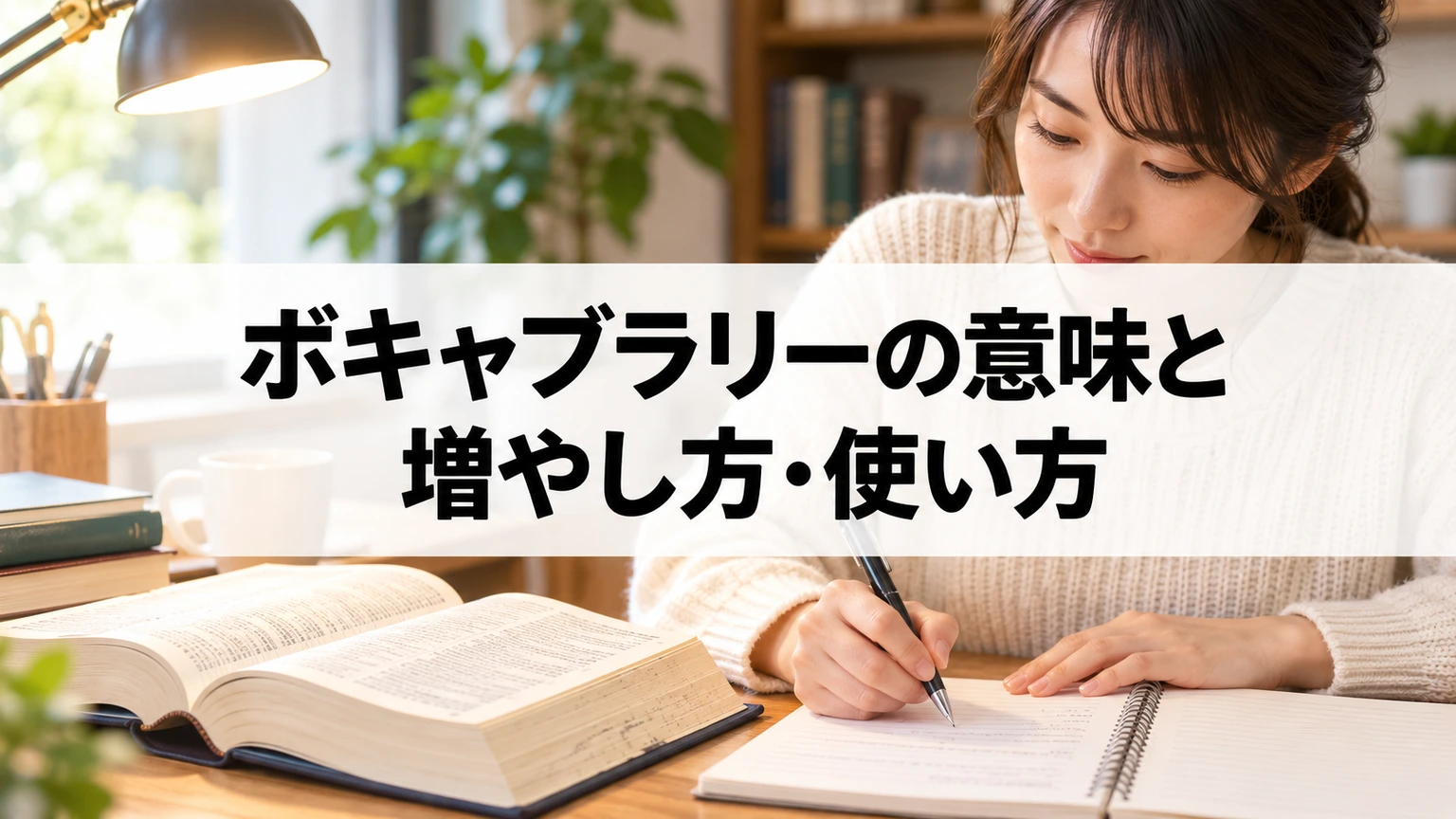 語彙の意味と場面に合う言い換えをノートで練習するイメージ