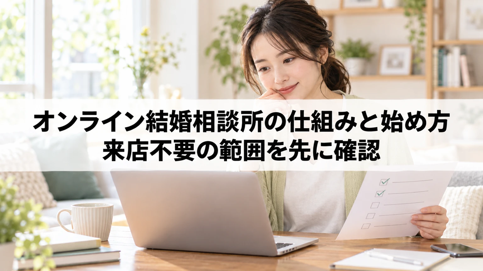 自宅のノートパソコンで結婚相談所の利用手順を確認する人