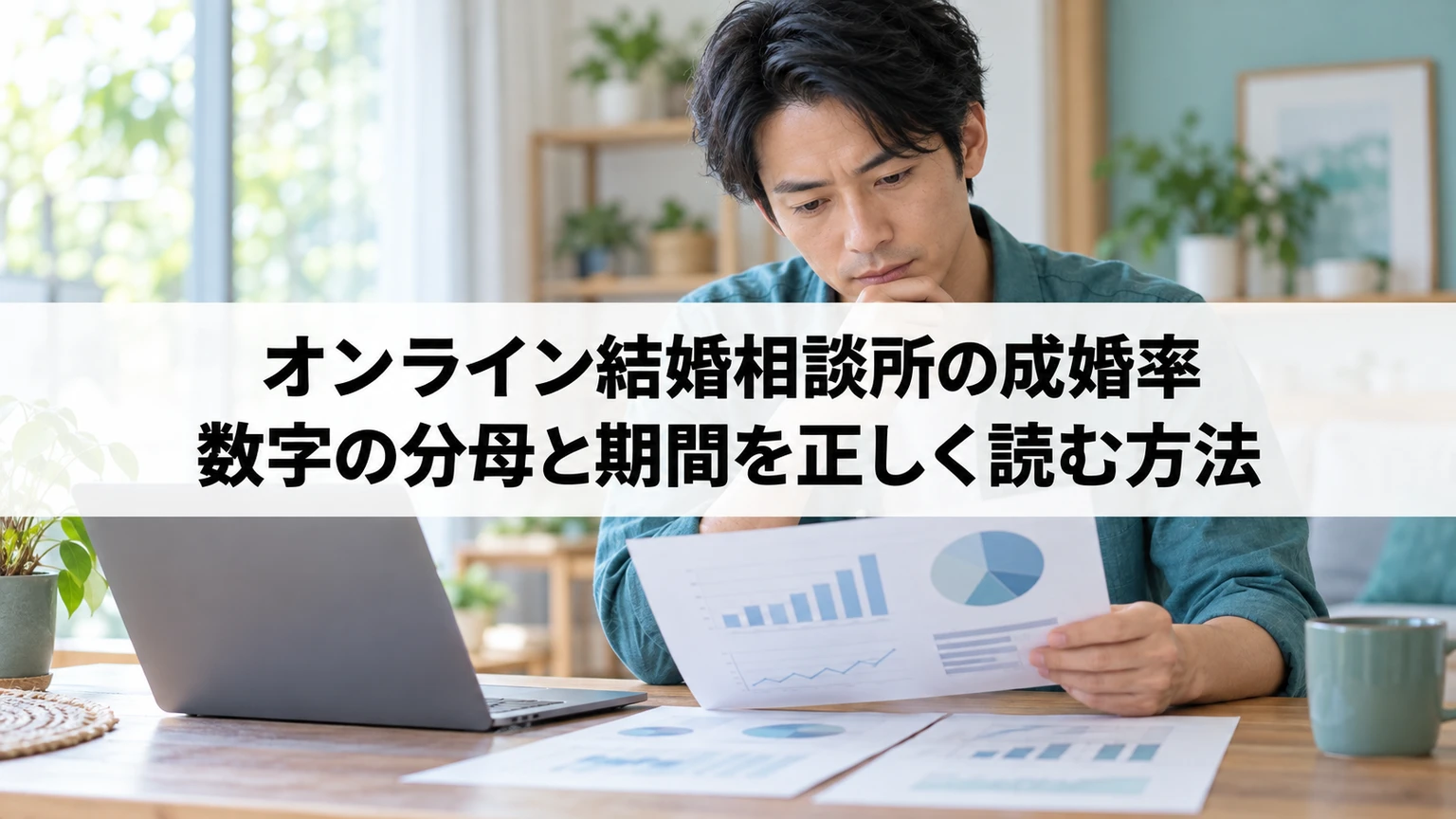 ノートパソコンで婚活の統計資料と集計条件を確認する人