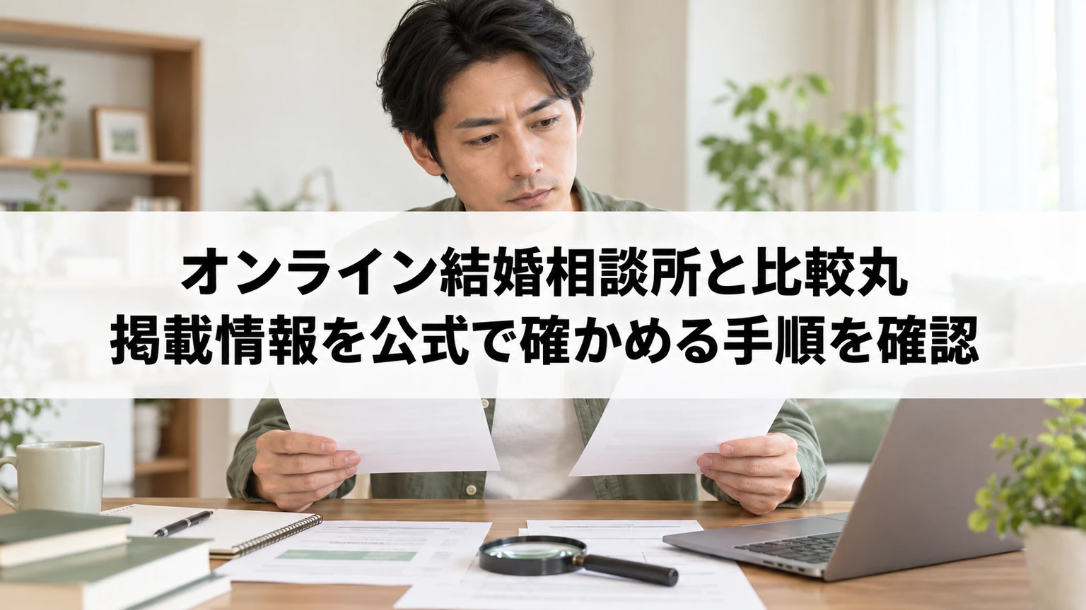 ノートパソコンで比較情報と結婚相談所の公式資料を照合する人