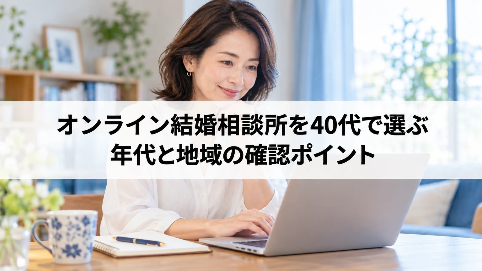 自宅のノートパソコンで婚活サービスの条件を確認する40代の人