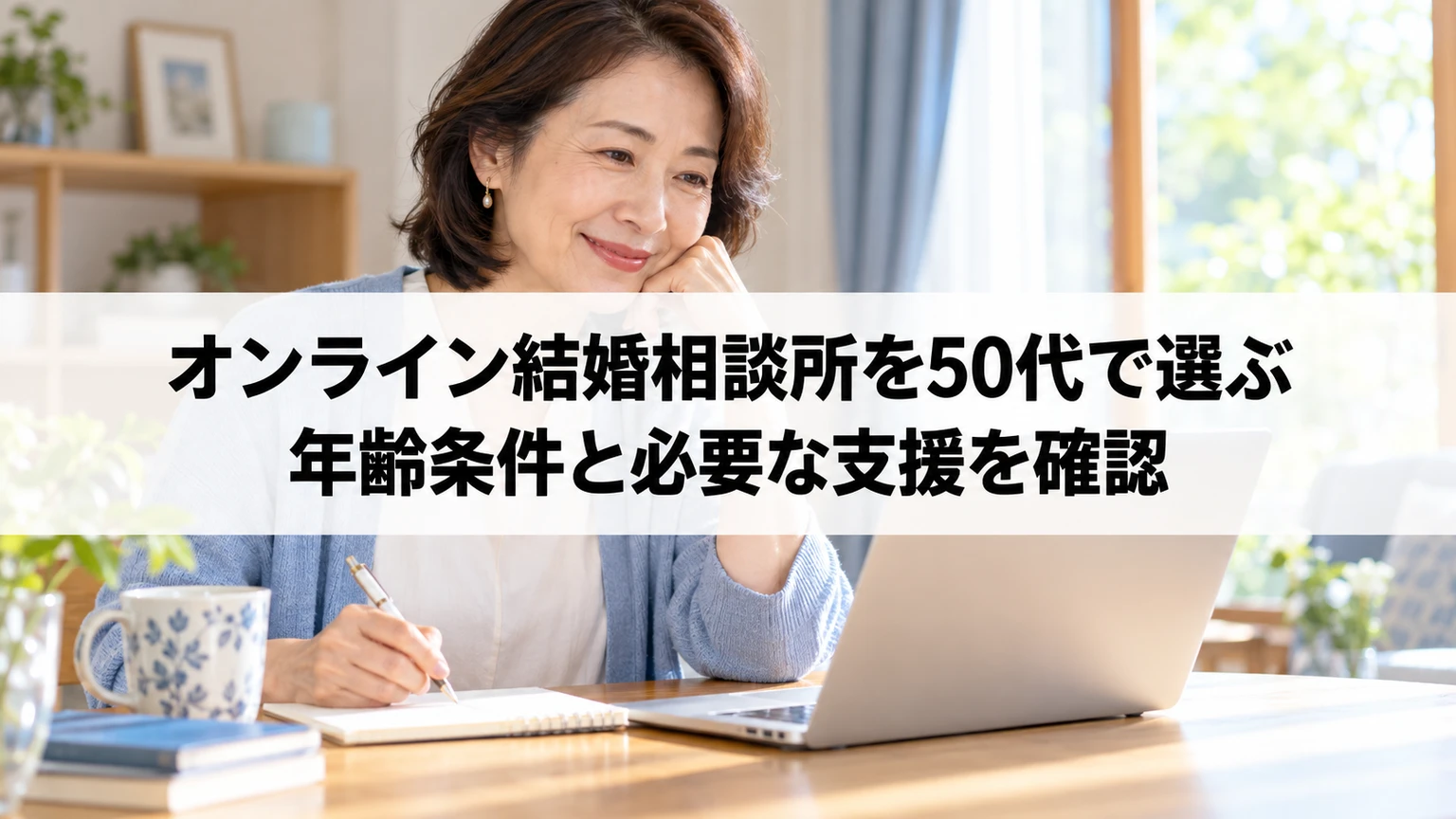 自宅のノートパソコンで婚活サービスの条件を確認する50代の人